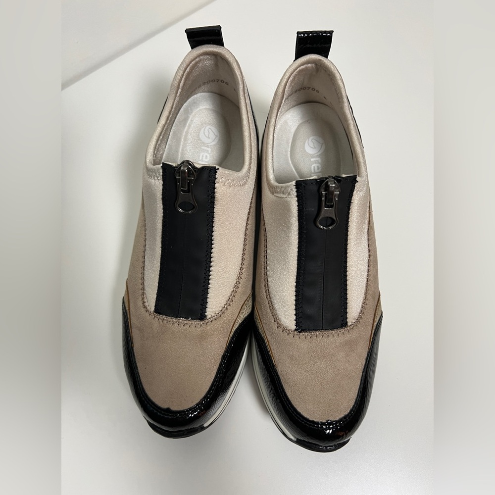 Remonte Soft Wedge Sneakers Front Zip Black Patent Beige Suede Size 36 US 6 - Picture 13 of 16
